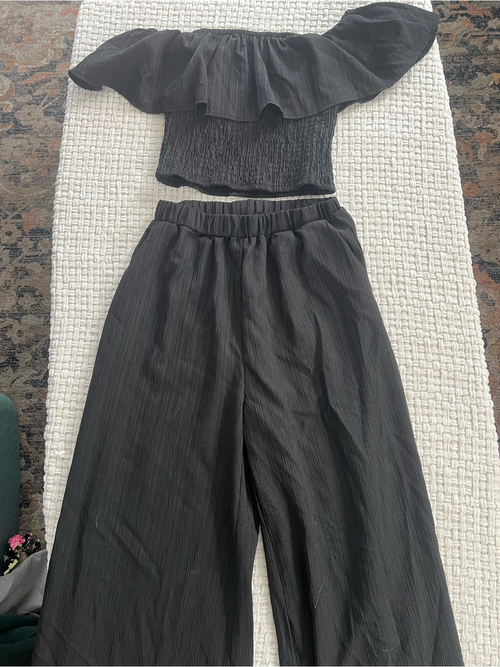 SHEIN Black Off-Shoulder Smocked Crop Top & Wide-Leg Pants Set